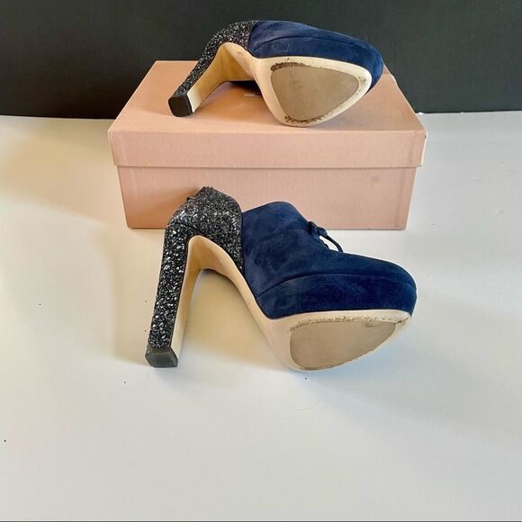Miu Miu Calzature Donna Oltremare Blue Camoscio Glitter Ankle Bootie Platform - Picture 6 of 8
